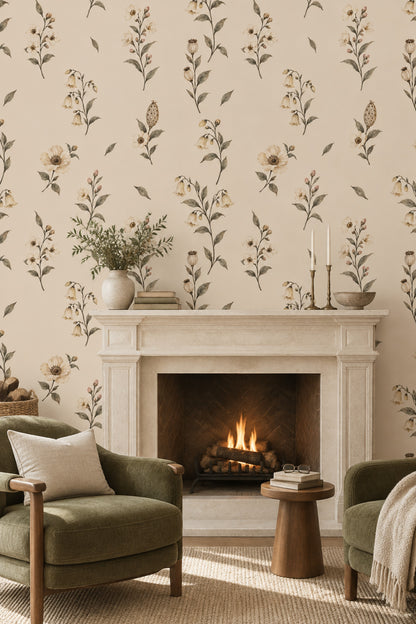 Cream Wildflower Branches Wallpaper On Beige Background