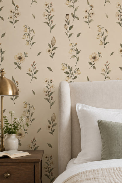 Cream Wildflower Branches Wallpaper On Beige Background