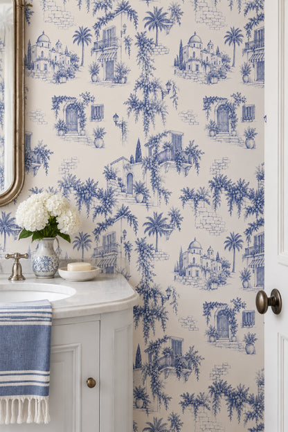 Mediterranean Village Facades Wallpaper Navy Toile On Cream