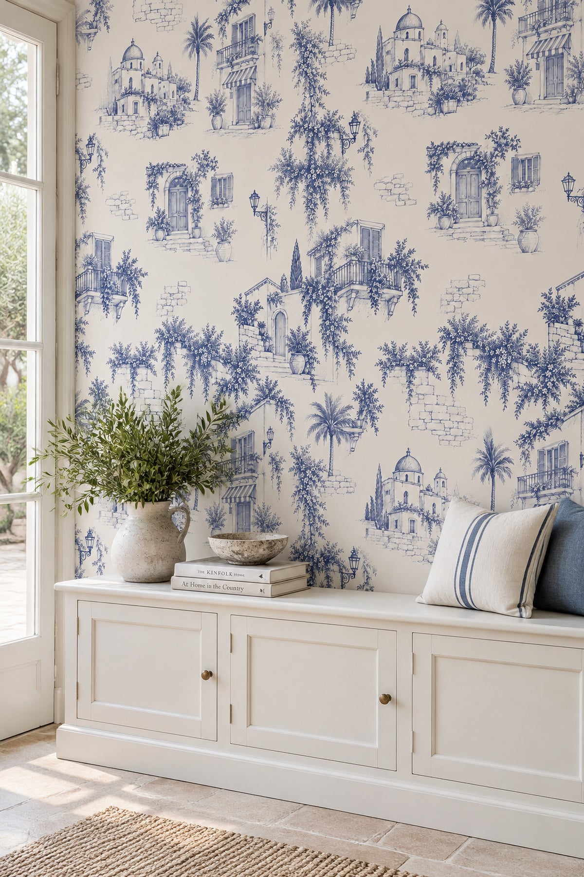 Mediterranean Village Facades Wallpaper Navy Toile On Cream