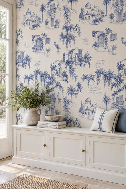 Mediterranean Village Facades Wallpaper Navy Toile On Cream