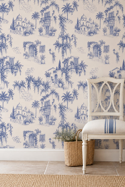 Mediterranean Village Facades Wallpaper Navy Toile On Cream