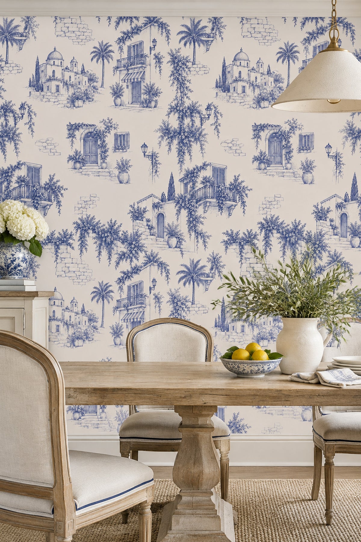 Mediterranean Village Facades Wallpaper Navy Toile On Cream