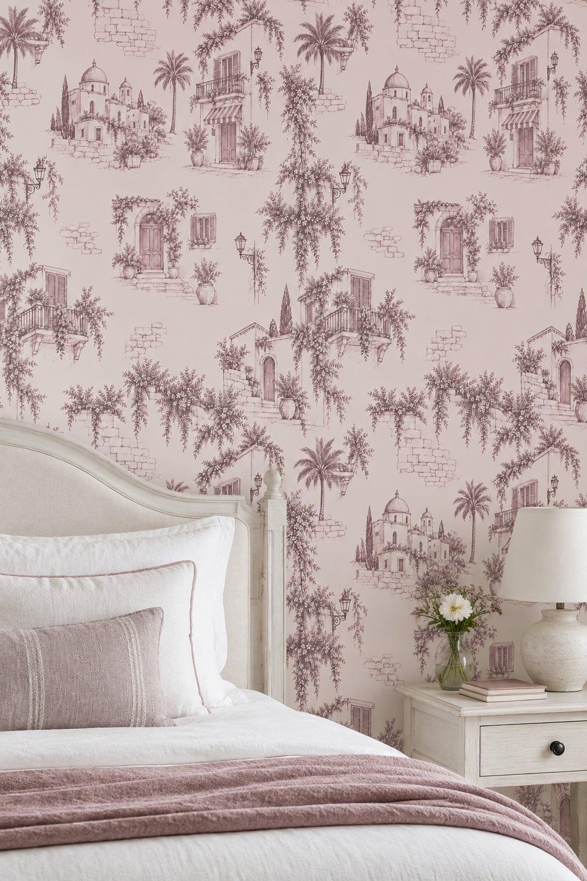 Mediterranean Village Facades Wallpaper Vintage Inspired Toile In Blush Pink