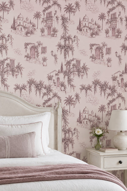 Mediterranean Village Facades Wallpaper Vintage Inspired Toile In Blush Pink
