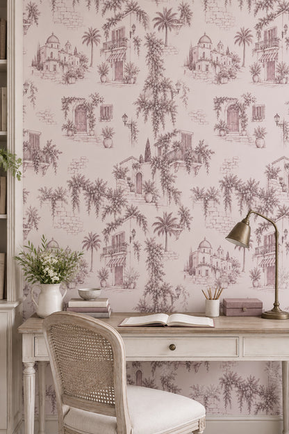Mediterranean Village Facades Wallpaper Vintage Inspired Toile In Blush Pink
