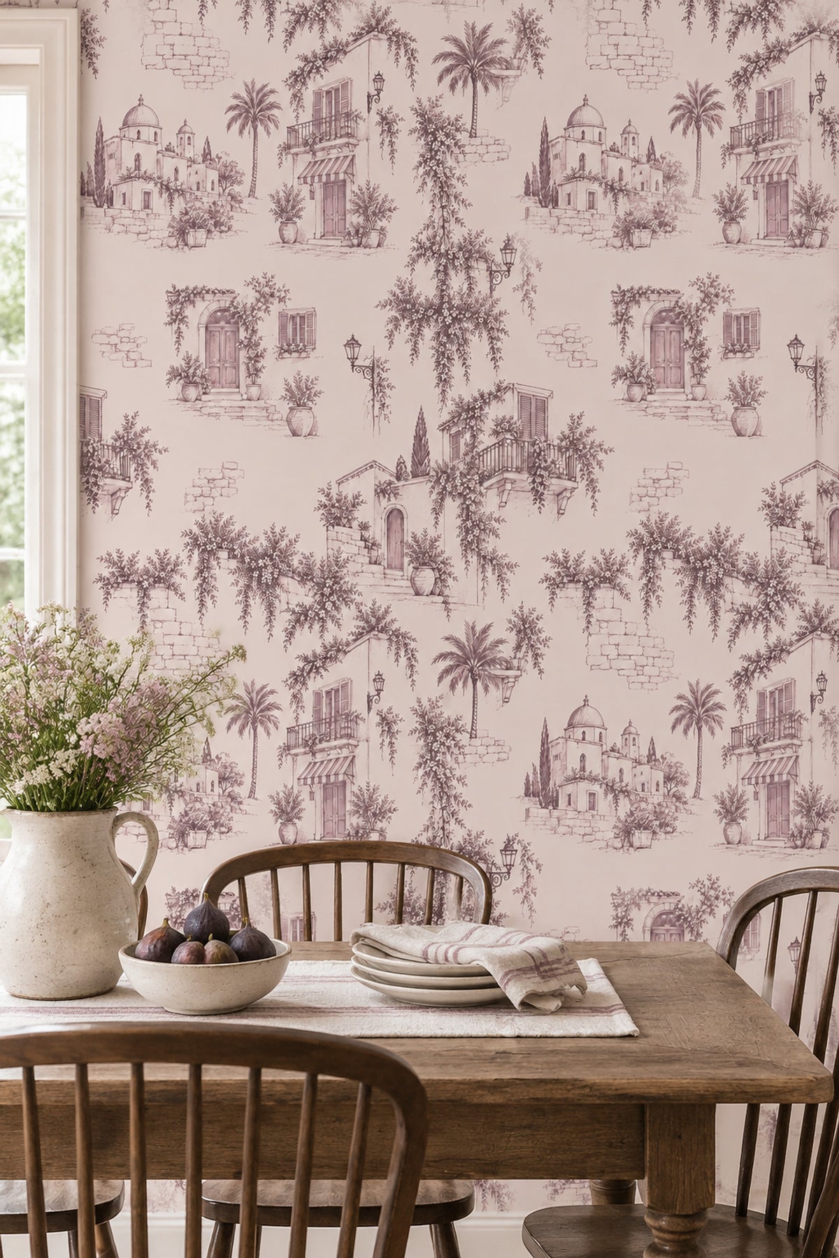 Mediterranean Village Facades Wallpaper Vintage Inspired Toile In Blush Pink