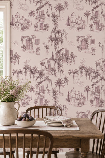Mediterranean Village Facades Wallpaper Vintage Inspired Toile In Blush Pink