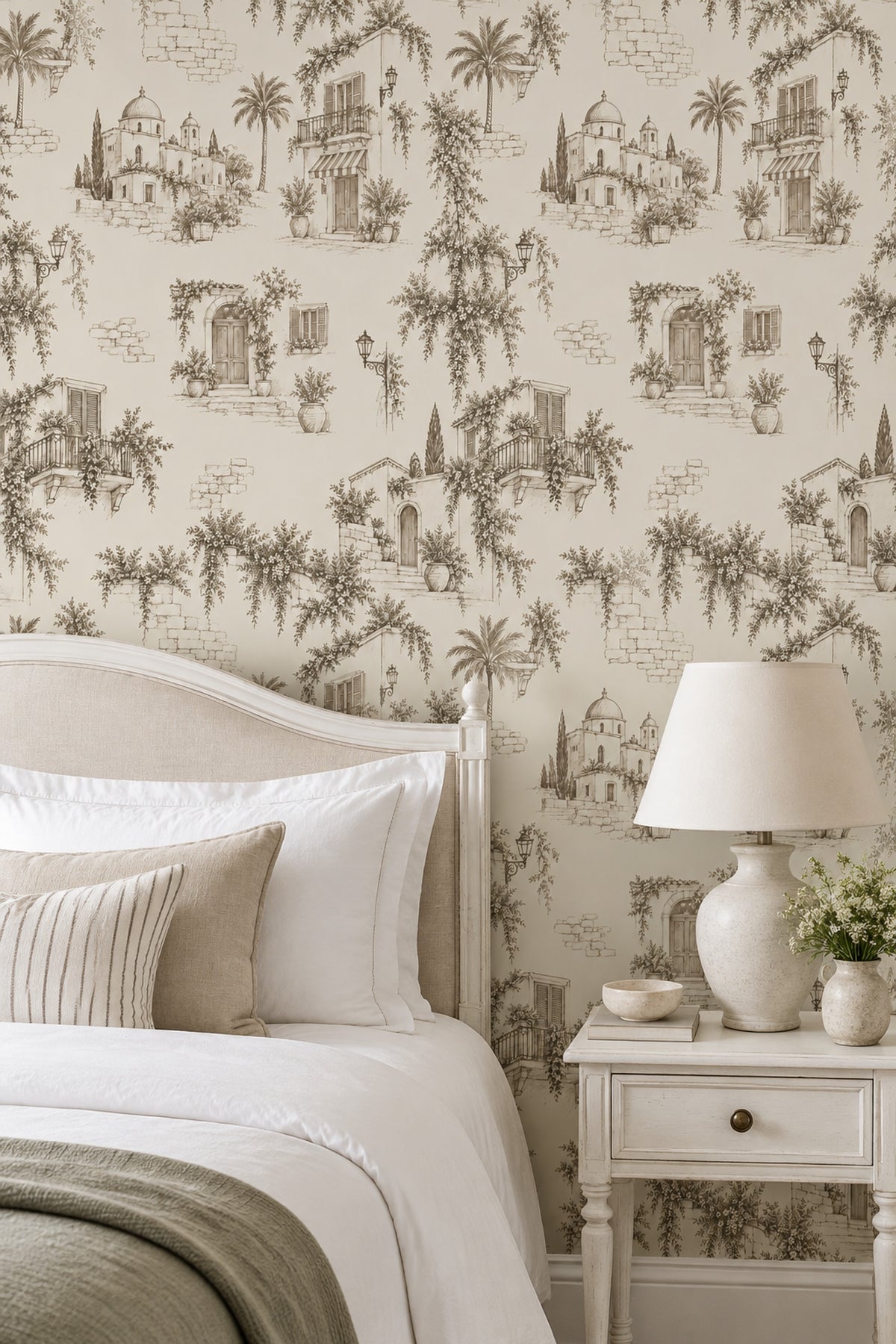 Mediterranean Village Wallpaper Sepia Toile Pattern