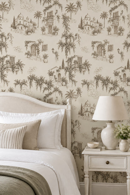 Mediterranean Village Wallpaper Sepia Toile Pattern