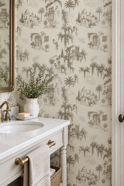 Mediterranean Village Wallpaper Sepia Toile Pattern