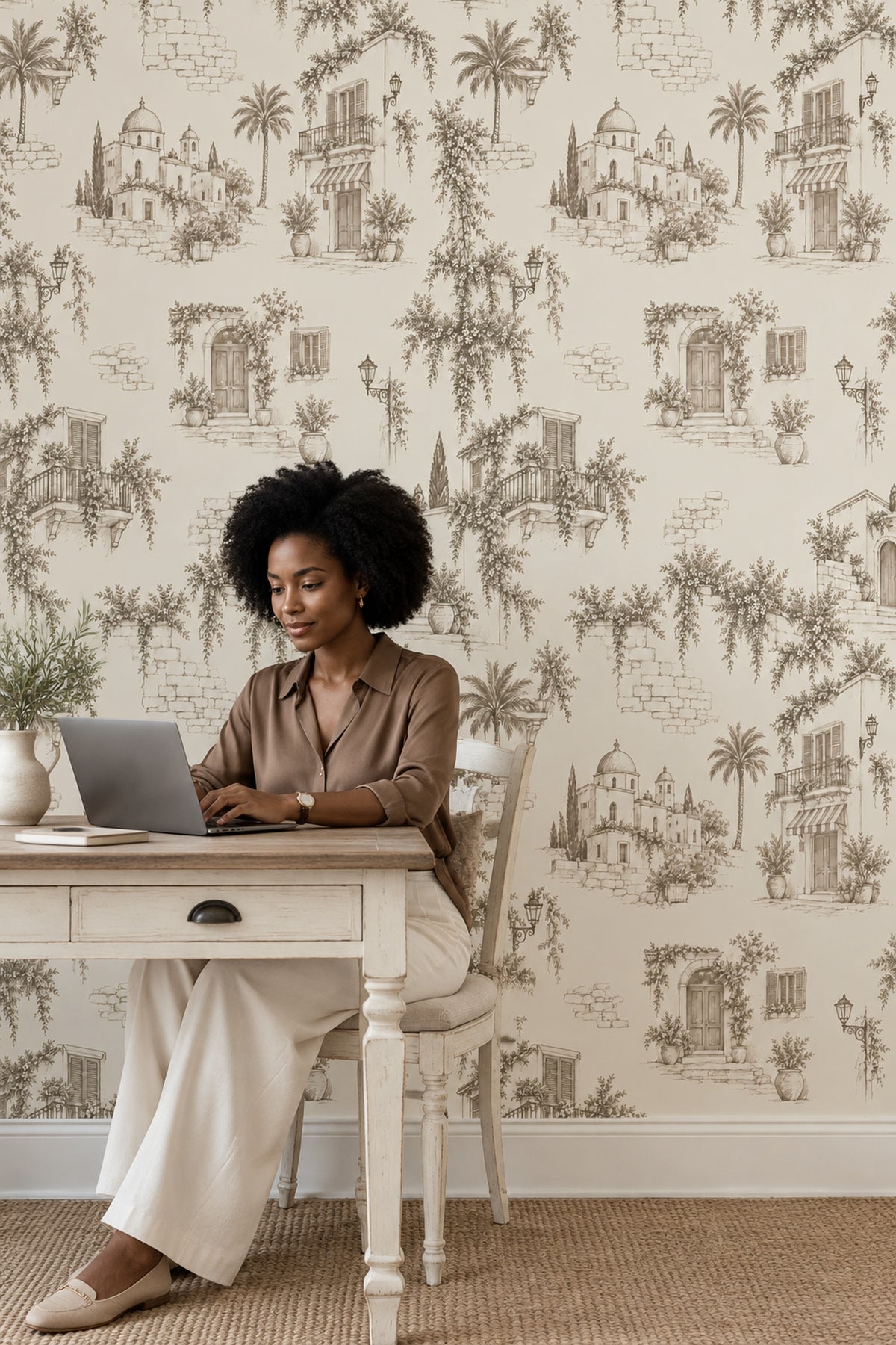 Mediterranean Village Wallpaper Sepia Toile Pattern