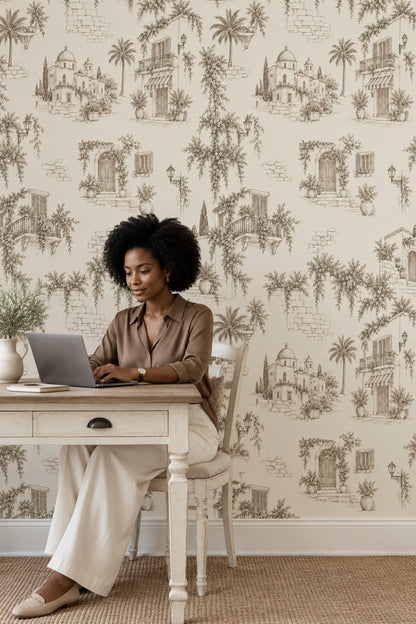 Mediterranean Village Wallpaper Sepia Toile Pattern