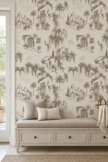 Mediterranean Village Wallpaper Sepia Toile Pattern
