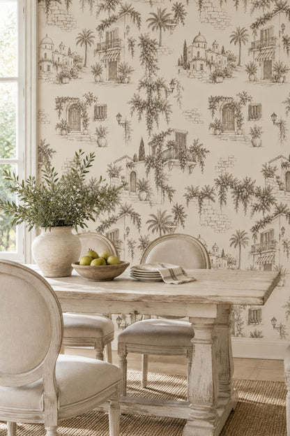 Mediterranean Village Wallpaper Sepia Toile Pattern