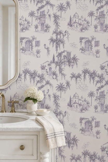 Mediterranean Town Sketch Wallpaper Lavender Gray Toile