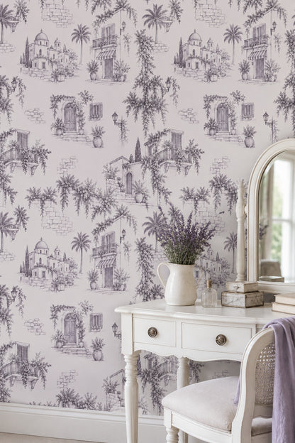 Mediterranean Town Sketch Wallpaper Lavender Gray Toile