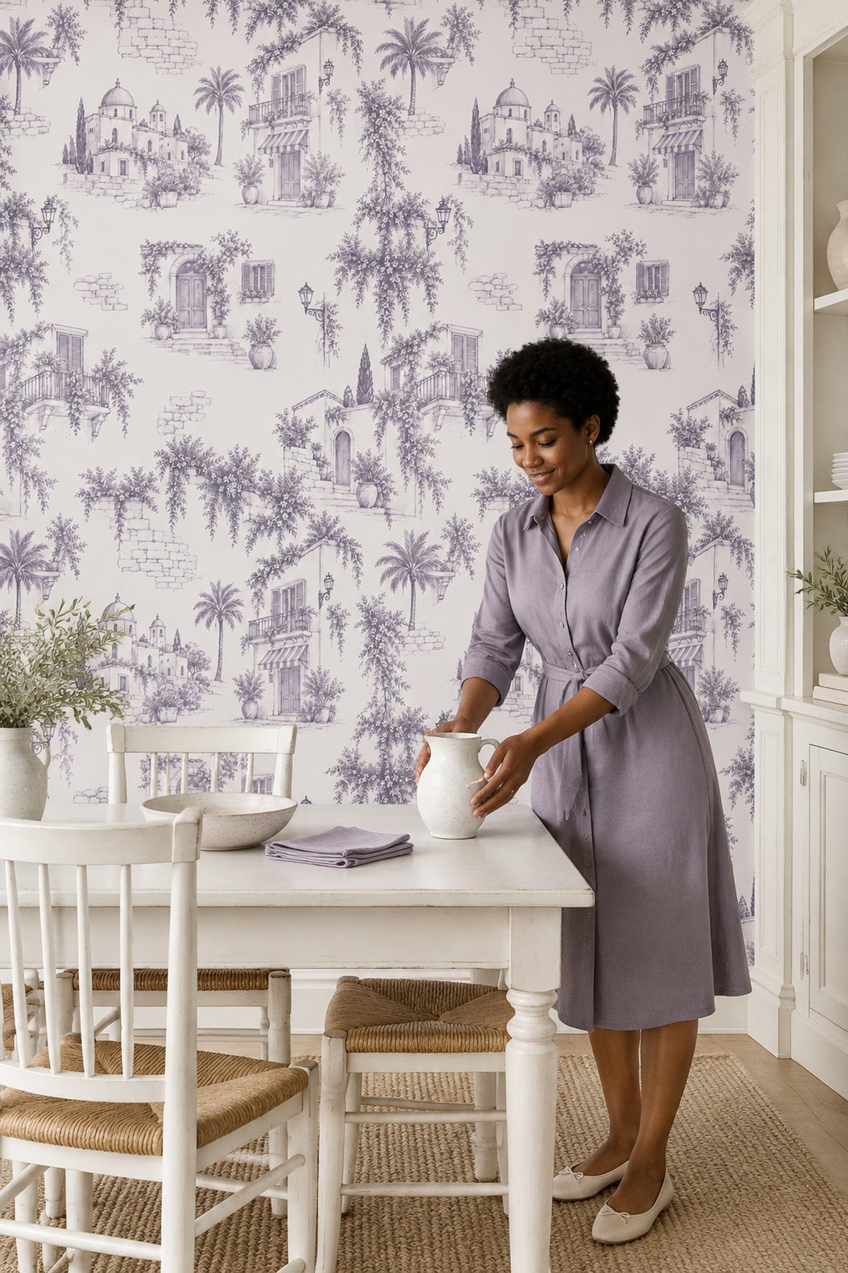Mediterranean Town Sketch Wallpaper Lavender Gray Toile
