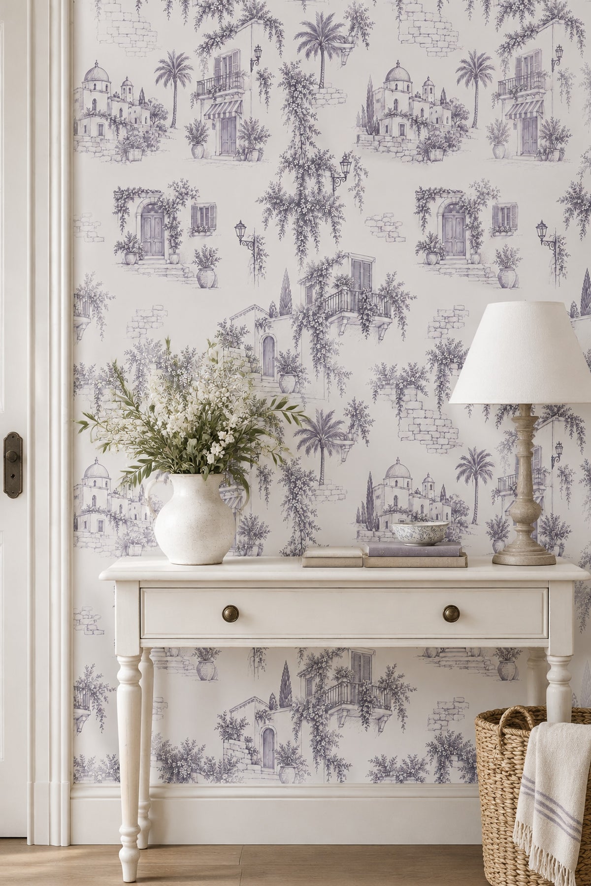 Mediterranean Town Sketch Wallpaper Lavender Gray Toile