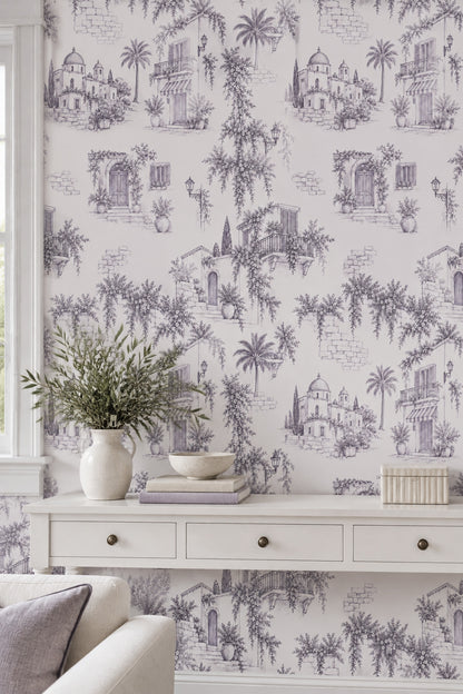 Mediterranean Town Sketch Wallpaper Lavender Gray Toile