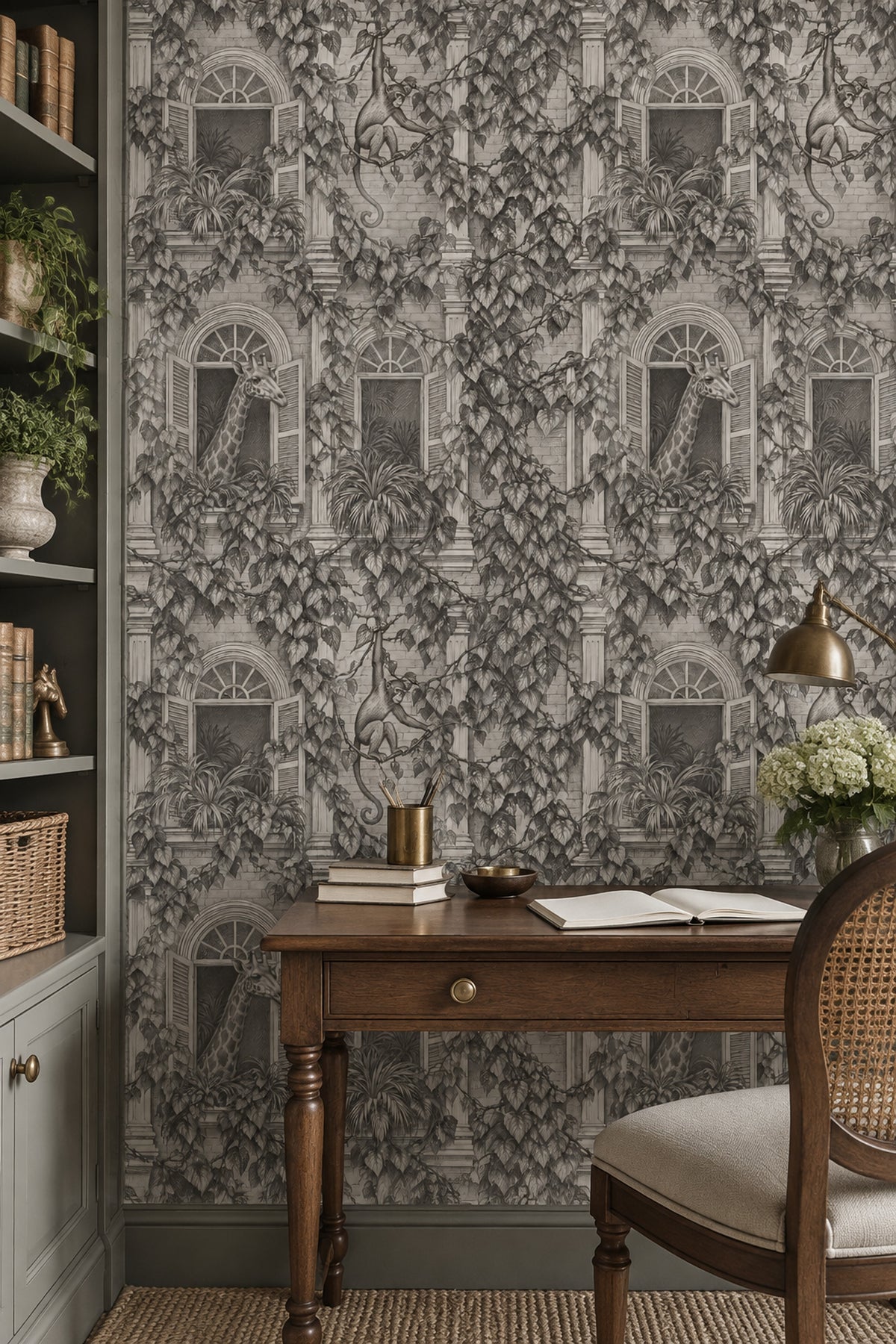 Giraffe And Monkey Wallpaper Vintage Inspired Toile Gray Botanical