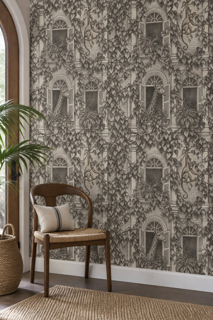 Giraffe And Monkey Wallpaper Vintage Inspired Toile Gray Botanical