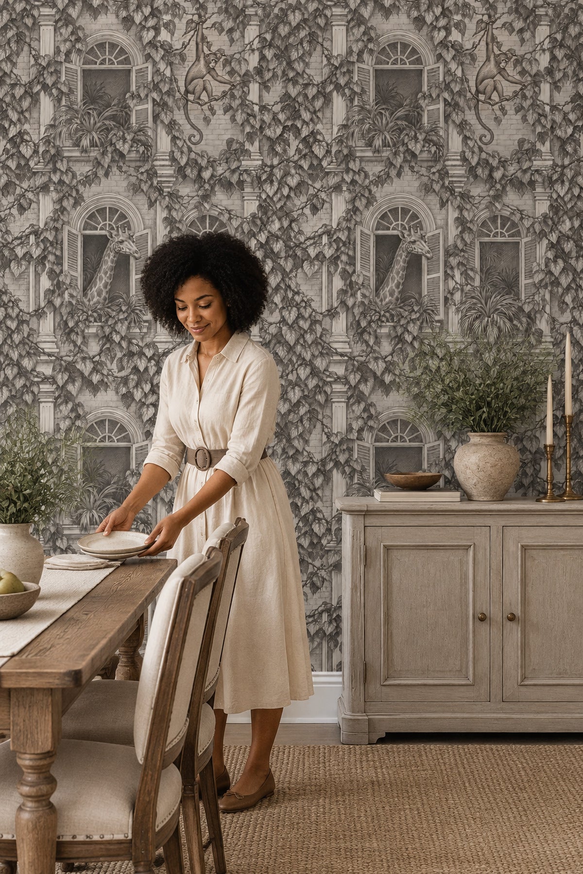 Giraffe And Monkey Wallpaper Vintage Inspired Toile Gray Botanical
