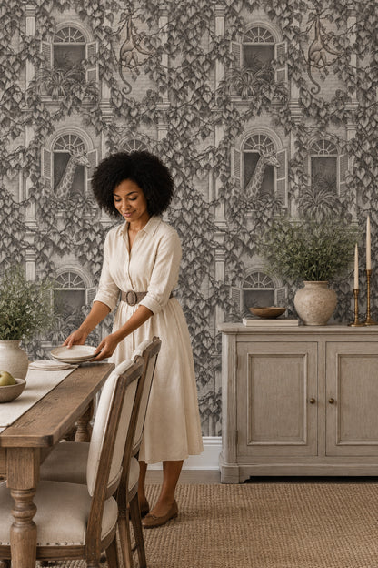 Giraffe And Monkey Wallpaper Vintage Inspired Toile Gray Botanical