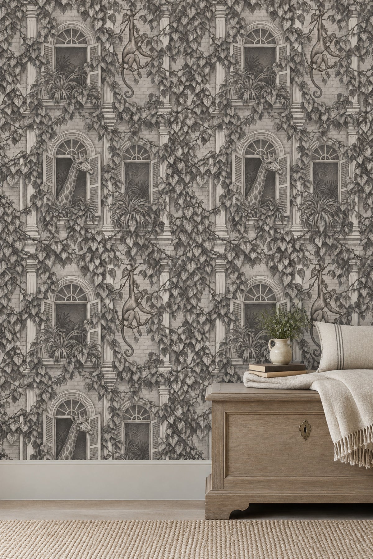 Giraffe And Monkey Wallpaper Vintage Inspired Toile Gray Botanical