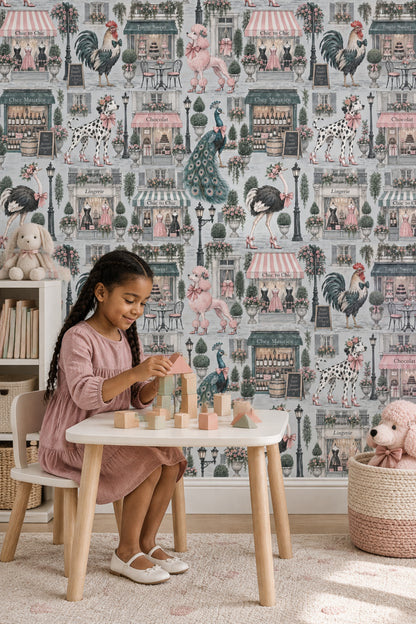 Dressed Up Animals In Paris Shops Wallpaper Pastel Pink And Mint