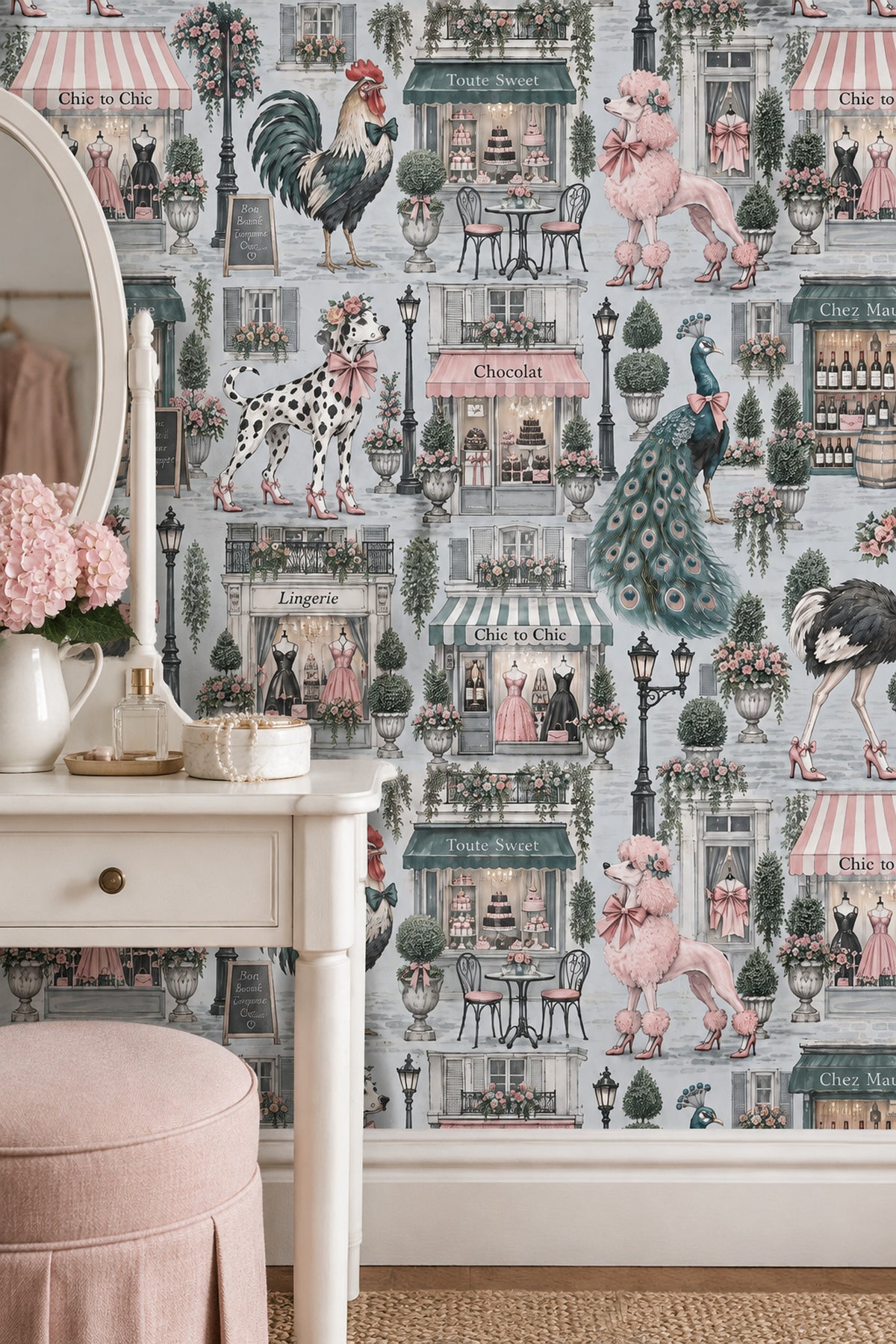 Dressed Up Animals In Paris Shops Wallpaper Pastel Pink And Mint