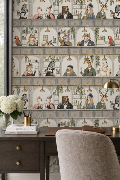 Dressed Up Animal Bar Scene Wallpaper Muted Green And Gray