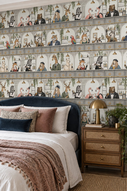 Dressed Up Animal Bar Scene Wallpaper Muted Green And Gray