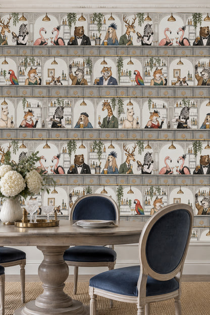 Dressed Up Animal Bar Scene Wallpaper Muted Green And Gray