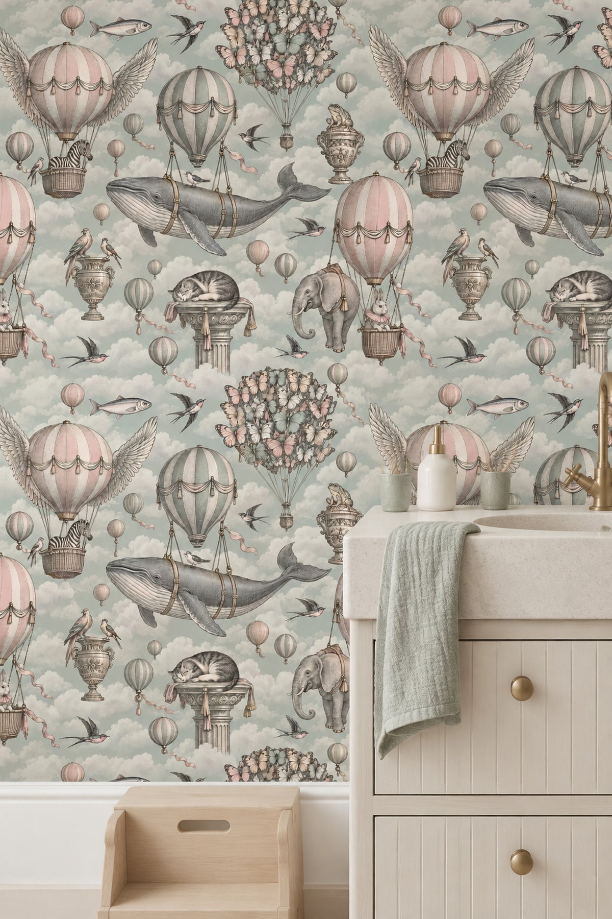 Flying Animals And Hot Air Balloons Wallpaper Soft Pastel Sky