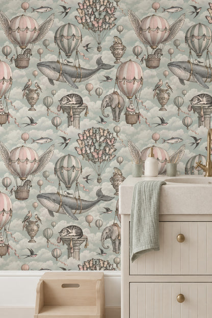 Flying Animals And Hot Air Balloons Wallpaper Soft Pastel Sky
