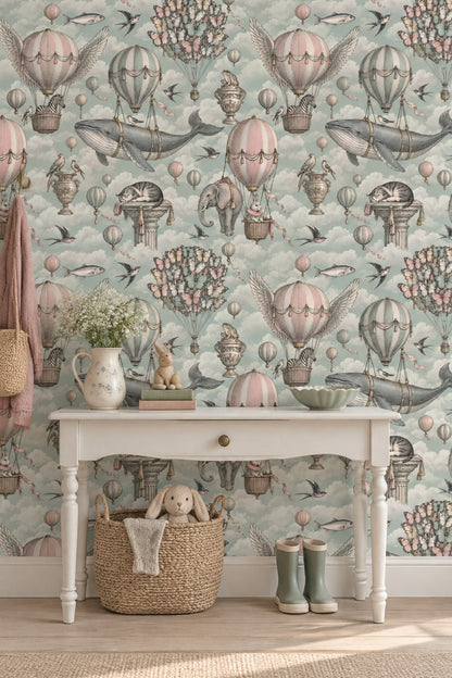 Flying Animals And Hot Air Balloons Wallpaper Soft Pastel Sky