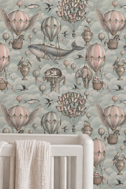Flying Animals And Hot Air Balloons Wallpaper Soft Pastel Sky