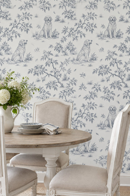 Toile Dog And Blossom Branch Wallpaper White Background