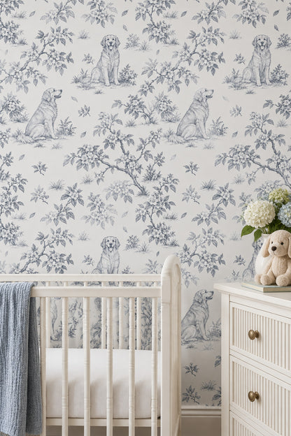 Toile Dog And Blossom Branch Wallpaper White Background