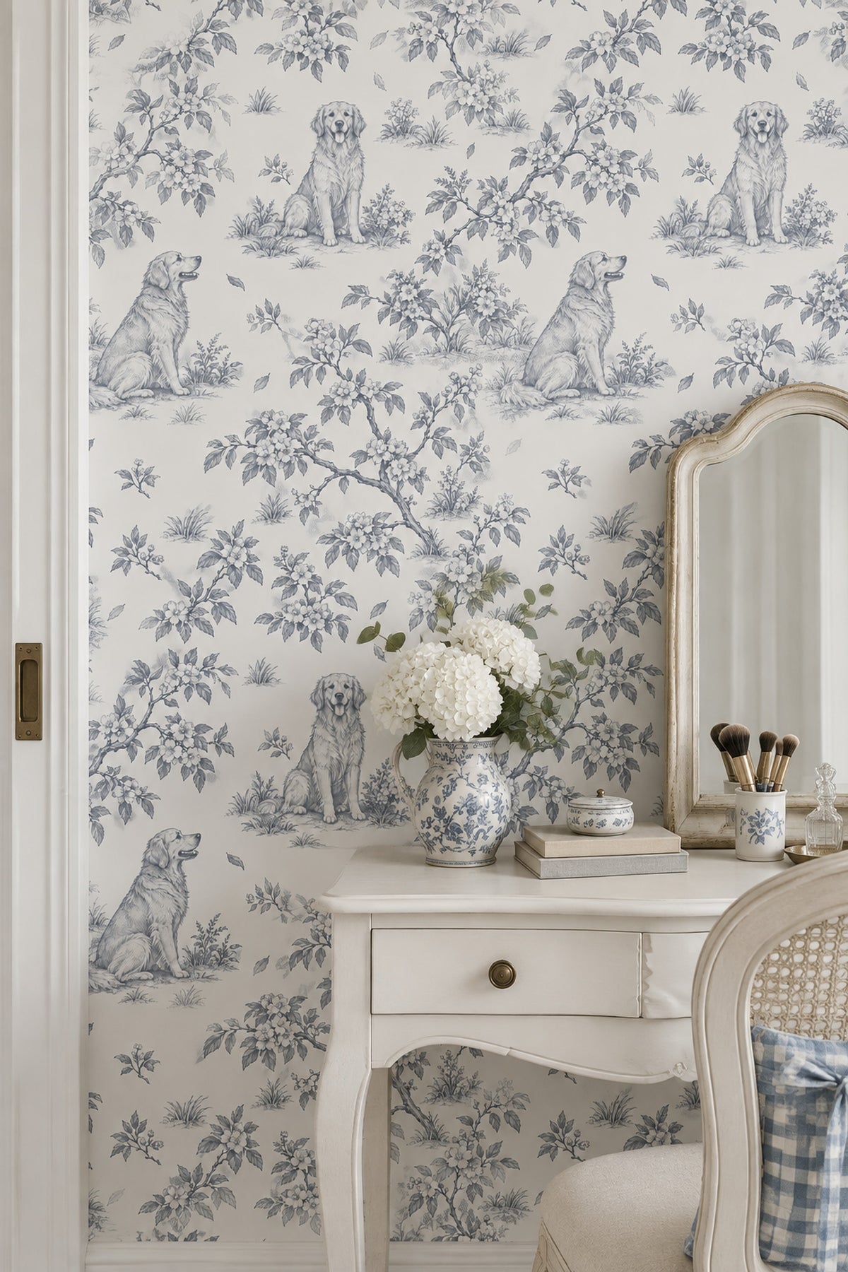 Toile Dog And Blossom Branch Wallpaper White Background