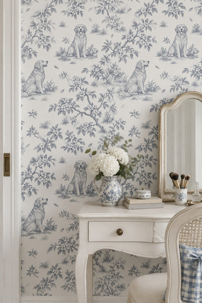 Toile Dog And Blossom Branch Wallpaper White Background