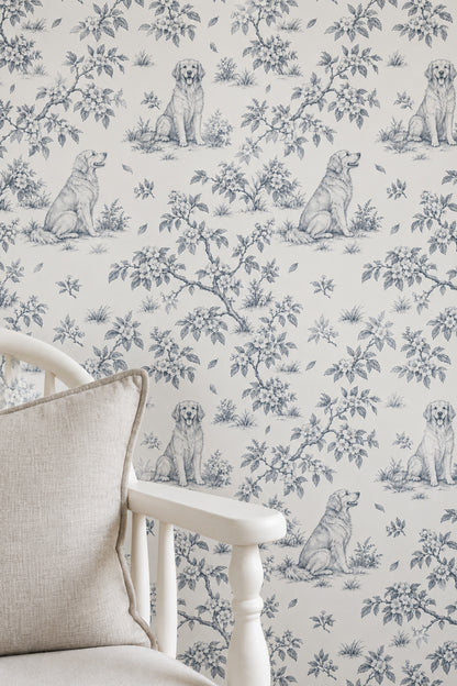 Toile Dog And Blossom Branch Wallpaper White Background