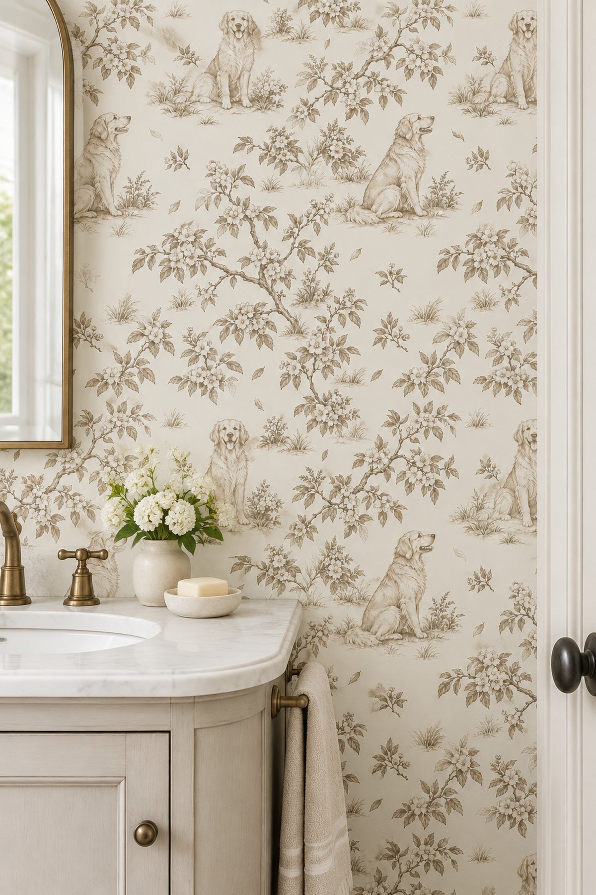 Golden Retriever Toile Wallpaper Sepia Botanical On Cream
