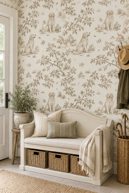 Golden Retriever Toile Wallpaper Sepia Botanical On Cream