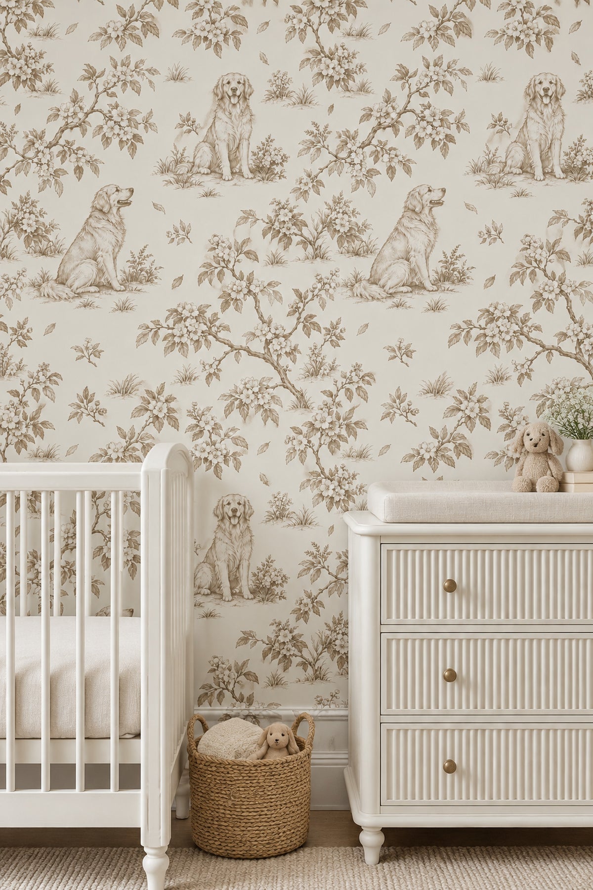 Golden Retriever Toile Wallpaper Sepia Botanical On Cream