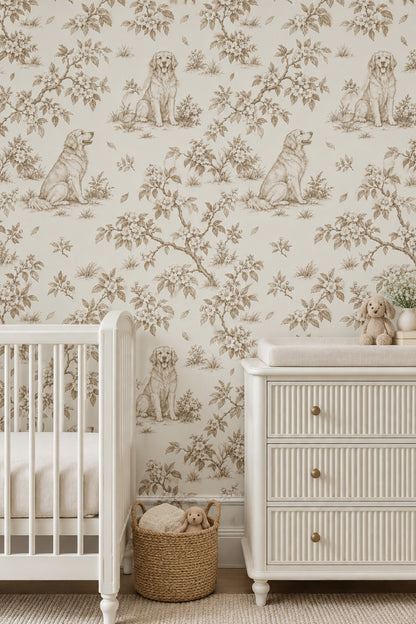 Golden Retriever Toile Wallpaper Sepia Botanical On Cream