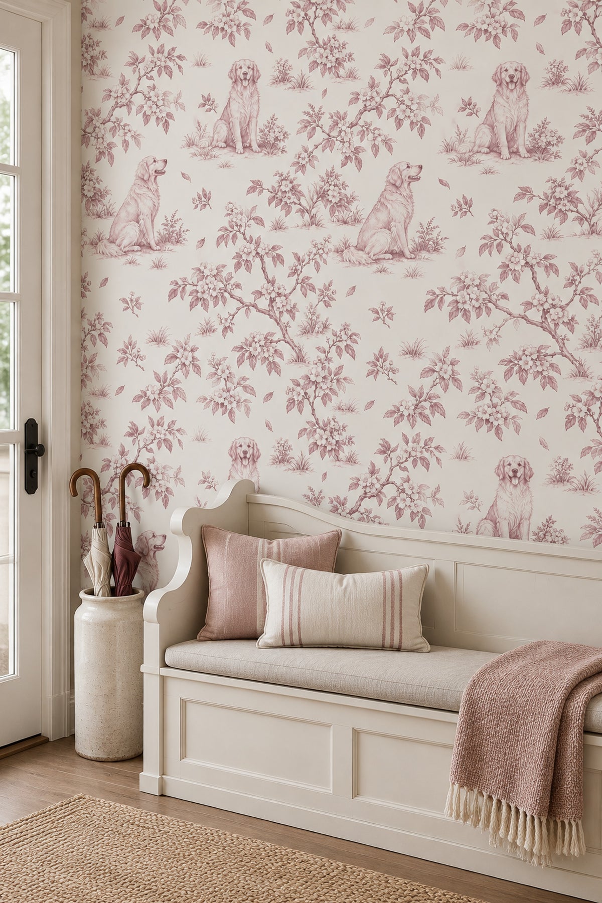 Golden Retriever Toile Wallpaper Pink Line Art On Ivory Background