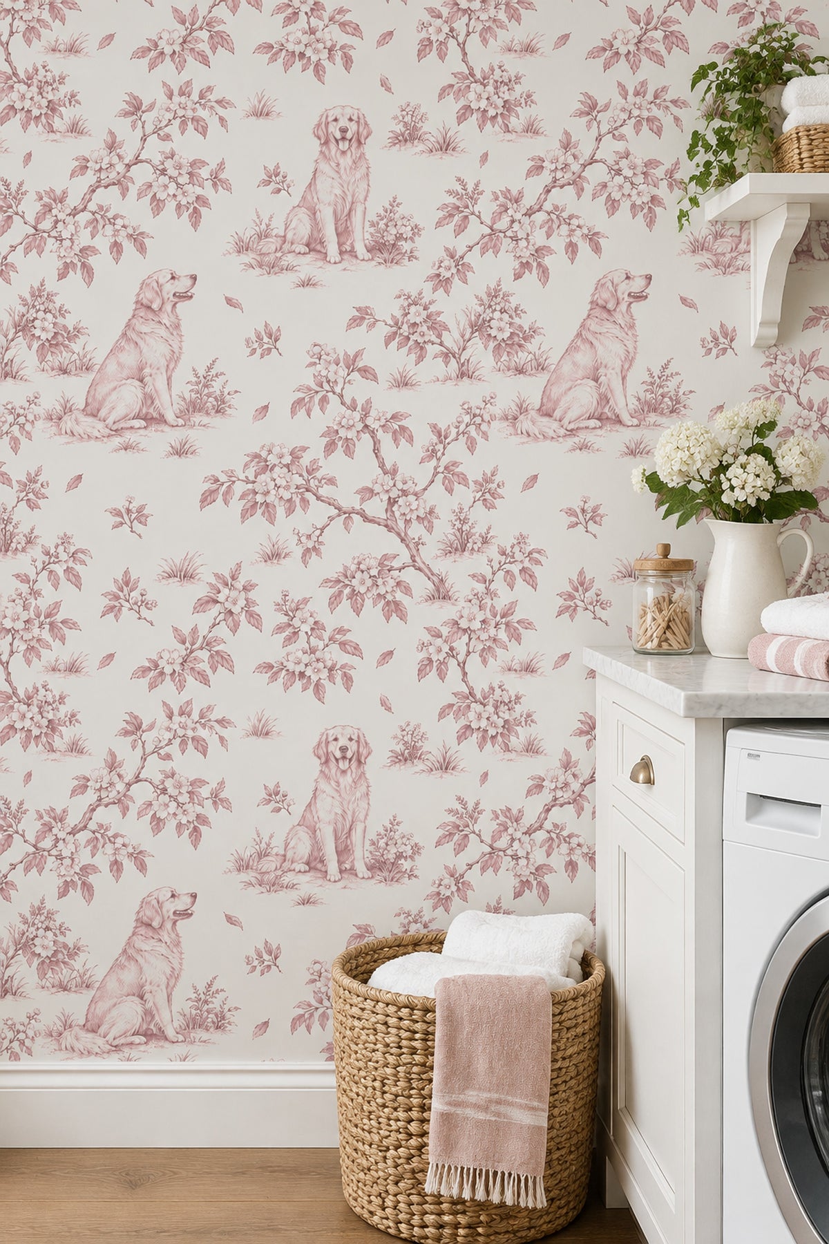 Golden Retriever Toile Wallpaper Pink Line Art On Ivory Background