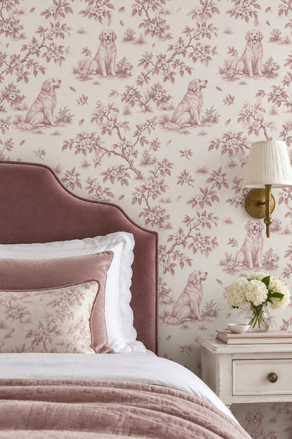 Golden Retriever Toile Wallpaper Pink Line Art On Ivory Background